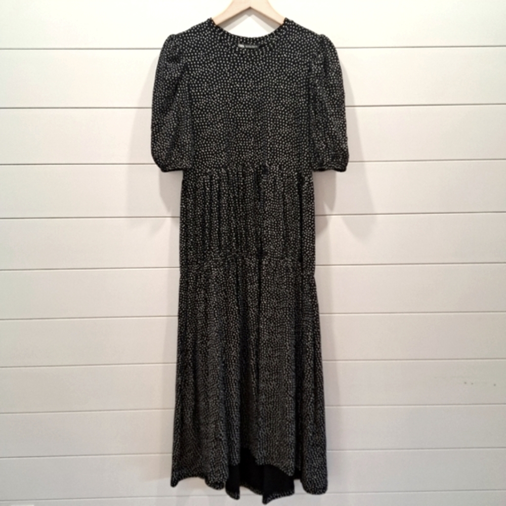 Zara Black & White Polka Dot Tiered Puff Sleeve Cottage Coastal Cowgirl Dress S